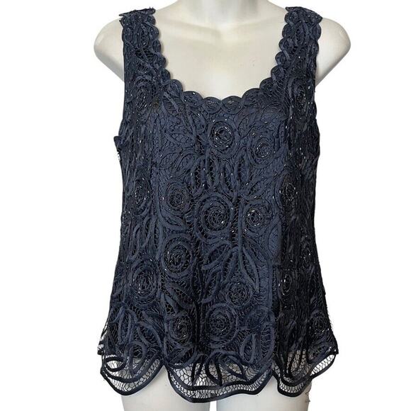 Soulmates Silk Whimsigoth Beaded Crochet Sleeveless Top Soutache Navy Satin sz S - Picture 1 of 16